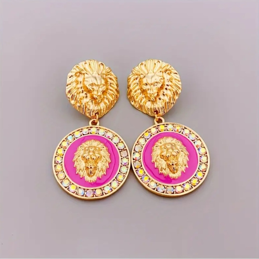 4FJ: Vintage Style Pink & Golden Lion Head Drop Dangle Zinc Alloy Earrings, NIP - Picture 2 of 6